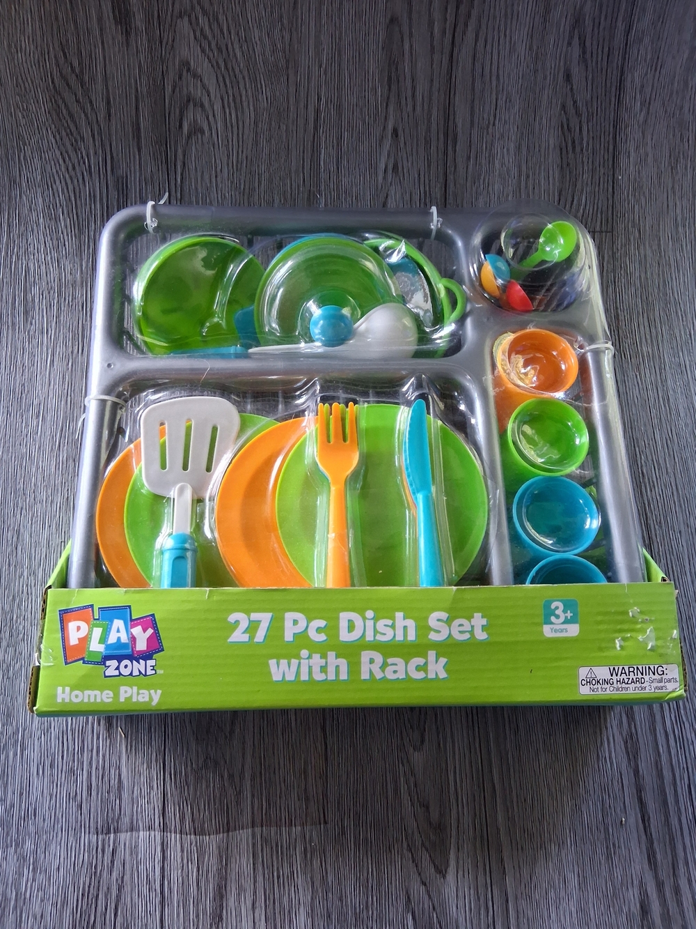 27-Piece Kids Dish Set with Rack - Green/Orange/Blue NEW NWOT